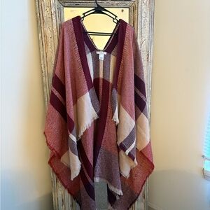 Francesca's Collections Plaid Poncho - Burgundy and Cream